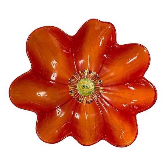 Early 2000s Laurie Gates Ceramic Flower Bowl Red Orange – Sculpted Petal Design - Picture 1 of 3